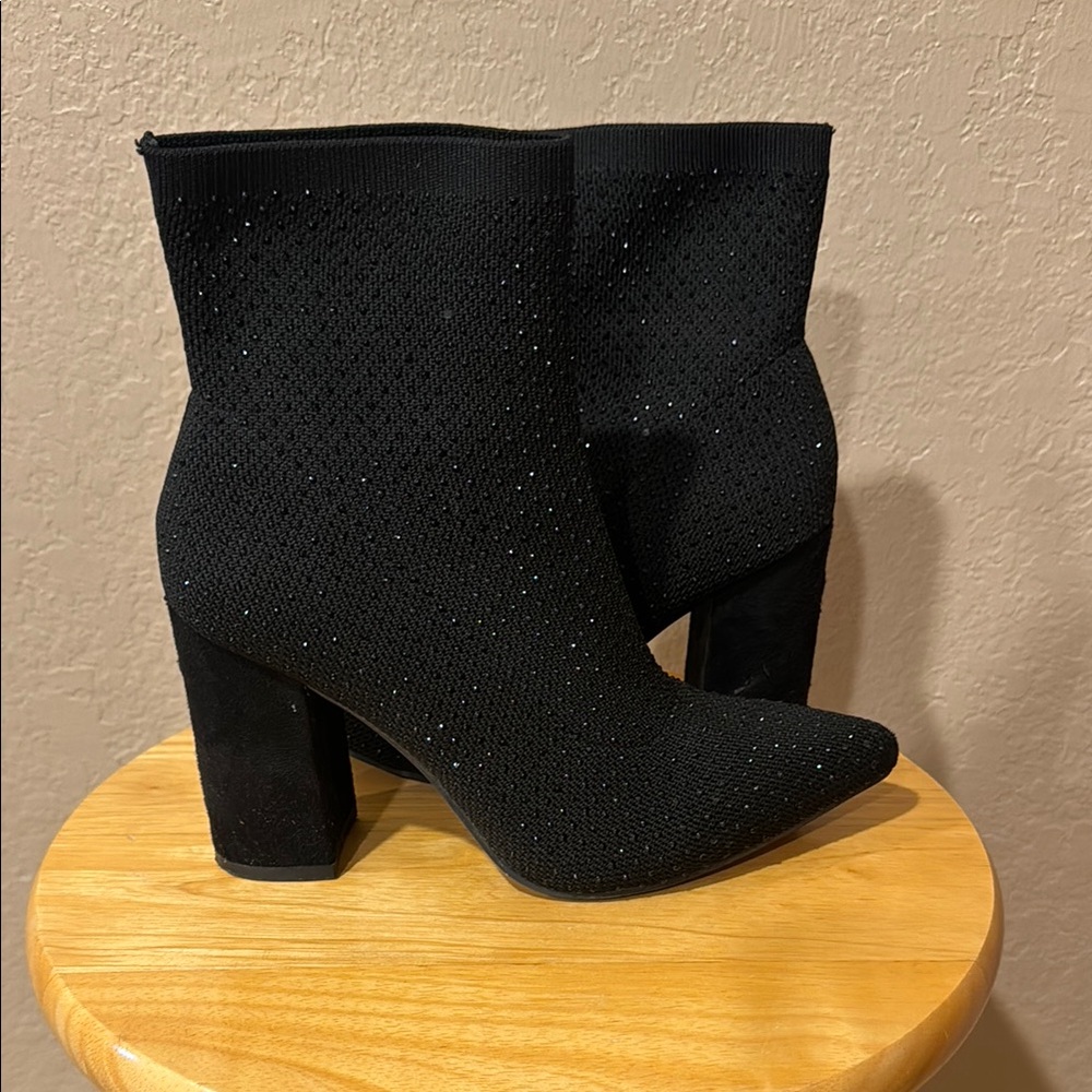 MIA Black Sparkle Pointed Toe Sock Booties with Block Heel